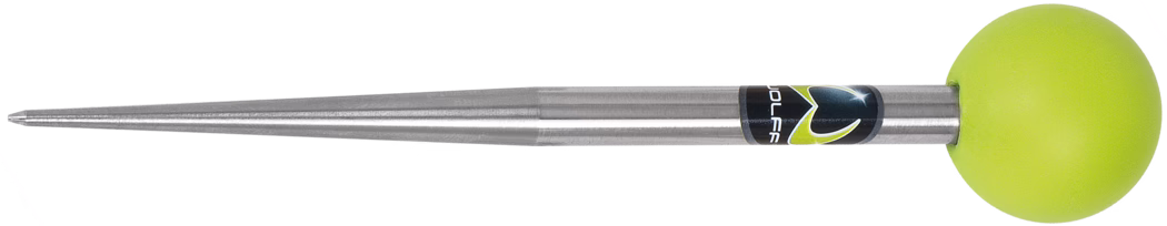 WOLFF_Dummy_65660_Awl_2025-08 Ein konischer Spike aus Edelstahl mit einer spitz zulaufenden Spitze links und einer hell limonengrünen Schaumstoffkugel am rechten Ende; ein schwarz-grünes Produktetikett umschließt das Metall nahe der Kugel. Das Objekt ist freigestellt auf weißem Hintergrund.