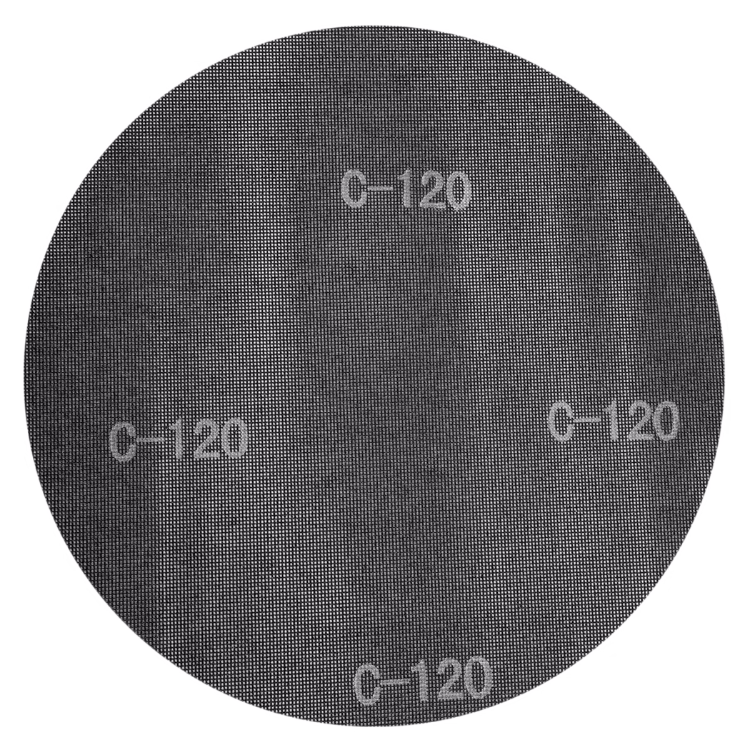Derendinger_Dummy_ProLine_12666_Schleifnetzscheiben Eine runde graue Schleifscheibe mit feiner punktierter Struktur und der gedruckten Aufschrift 'C-120', die mehrfach auf der Oberfläche sichtbar ist.