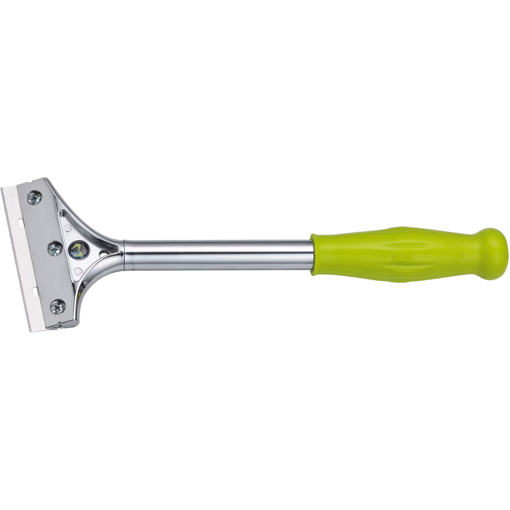 WOLFF_Dummy_51505_Hand Scraper_2025-08 Handlicher Metallschaber mit gerader, austauschbarer Klinge, montiert auf einer verchromten Stahlstange und einem leuchtend limonengrünen, ergonomischen Kunststoffgriff; drei sichtbare Schrauben fixieren die Klingenaufnahme. Zum Abkratzen von Farbe, Aufklebern oder Rückständen von Glas und glatten Oberflächen; freigestellt auf weißem Hintergrund fotografiert.