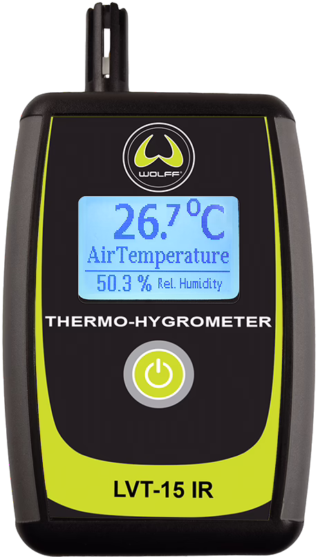 WOLFF_Dummy_83115_LVT15 IR_2025-08 Handliches Thermo-Hygrometer LVT-15 IR von Wolff: schwarzes und gelbes Kunststoffgehäuse, hintergrundbeleuchtetes Display zeigt 26,7 °C Lufttemperatur und 50,3 % relative Luftfeuchte, oben integrierter Sensor und Ein/Aus-Taste unter dem Display; kompaktes tragbares Messgerät zur Bestimmung von Lufttemperatur und relativer Feuchte.